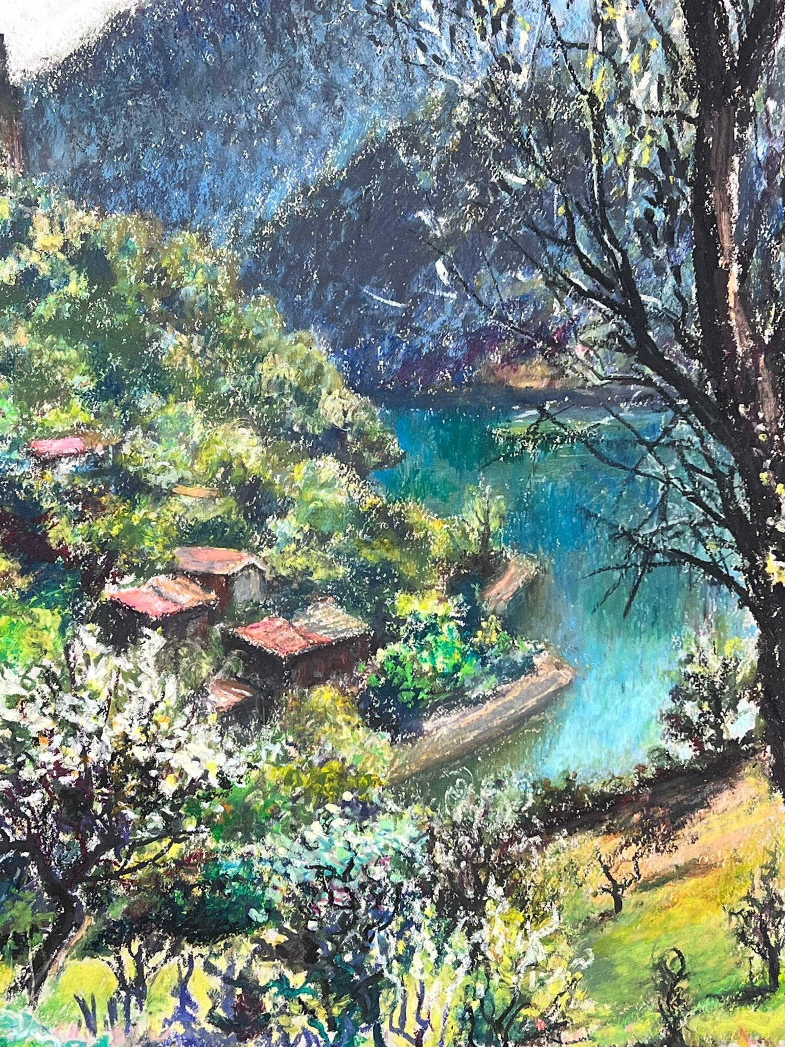 Large 1970's French Impressionist Pastel The Lake of Castillon Provence For Sale 4