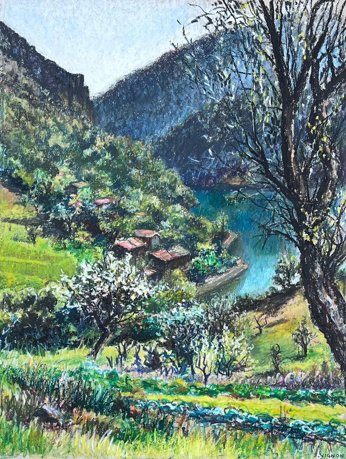 Grand pastel impressionniste français des années 1970 Le lac de Castillon Provence