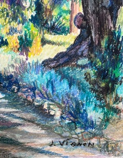Large 20th French Impressionist Pastel Painting Provence Valley Village View