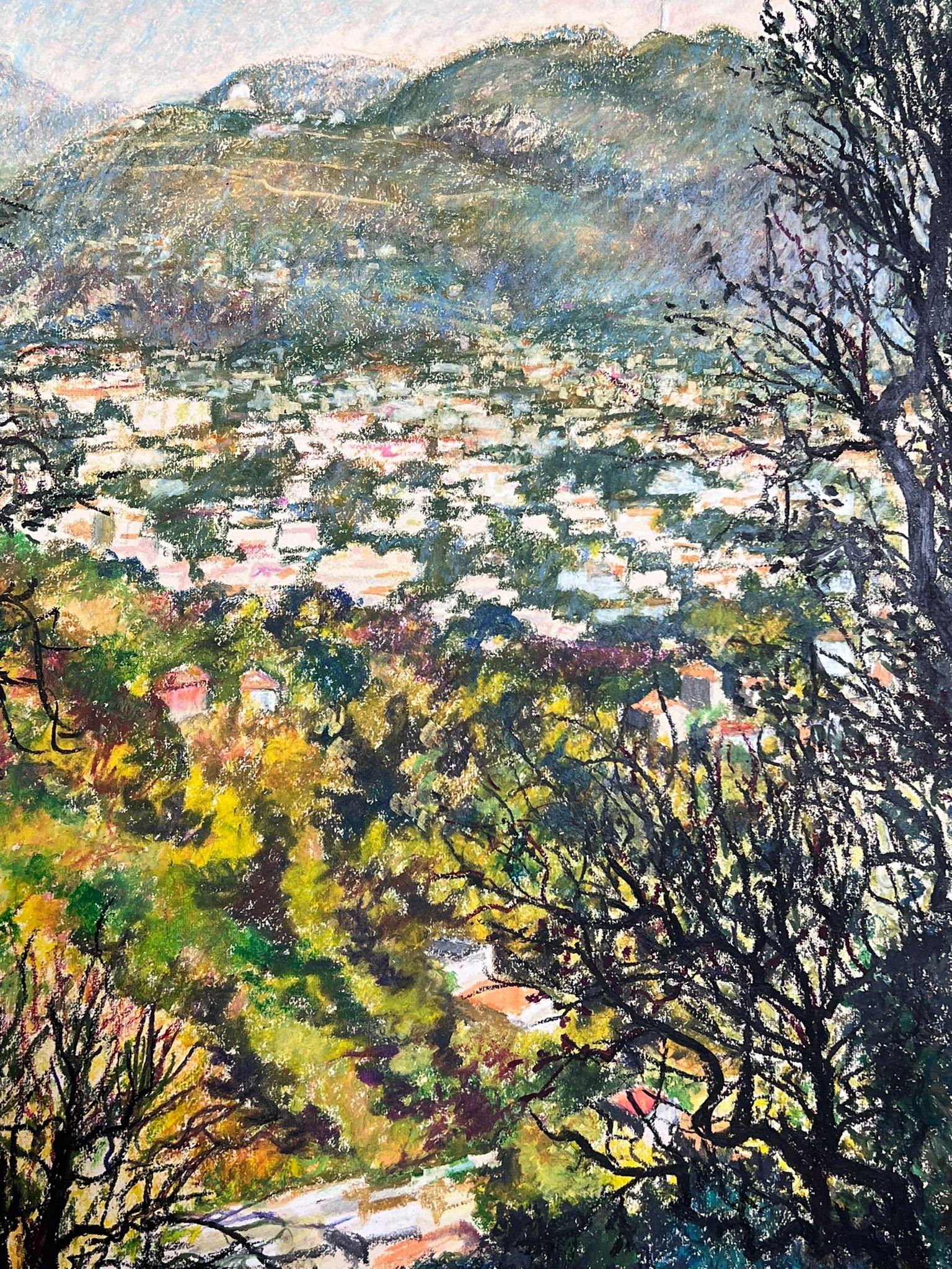 Large 20th French Impressionist Pastel Painting Provence Valley Village View For Sale 1