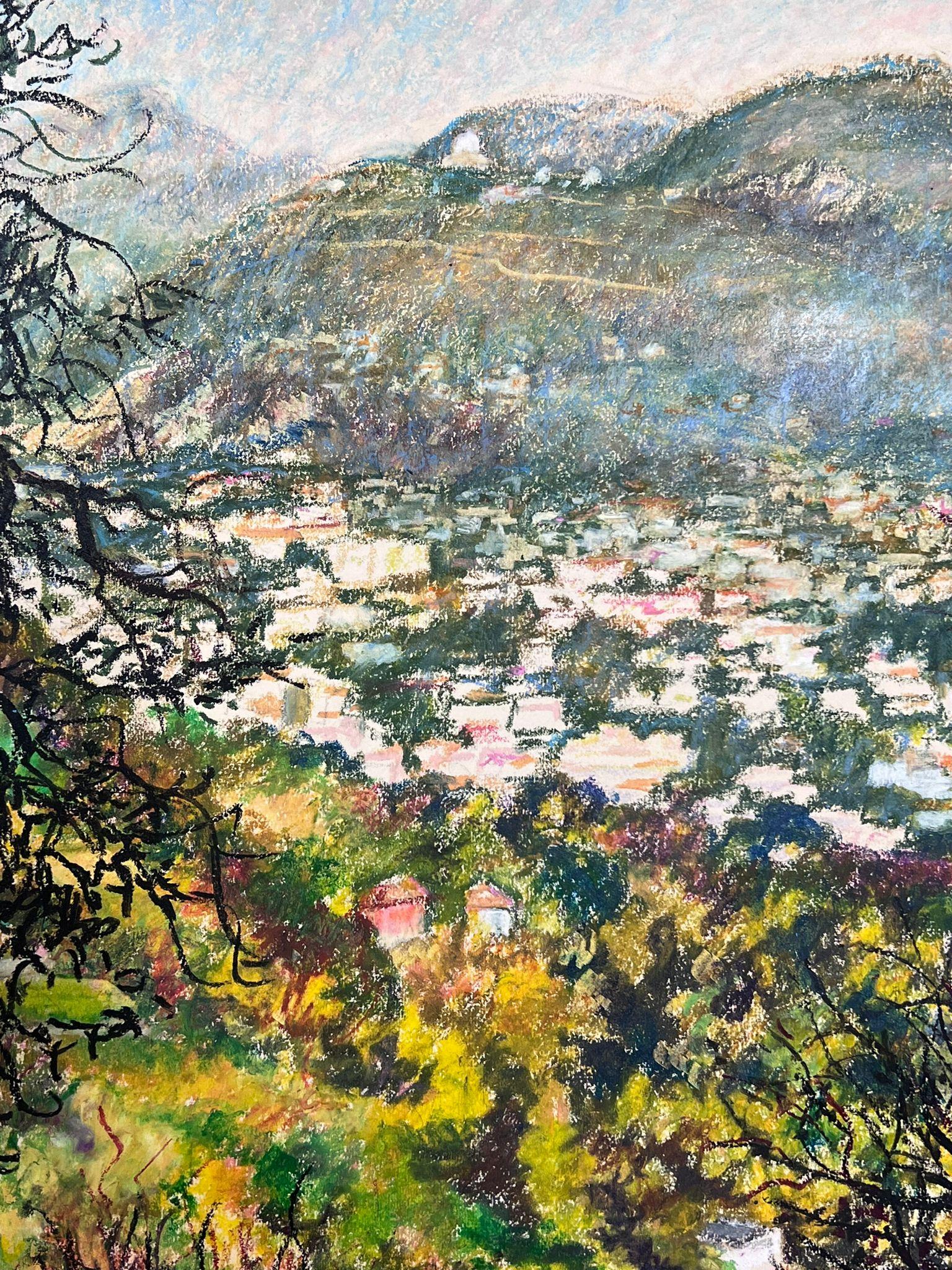 Large 20th French Impressionist Pastel Painting Provence Valley Village View For Sale 3