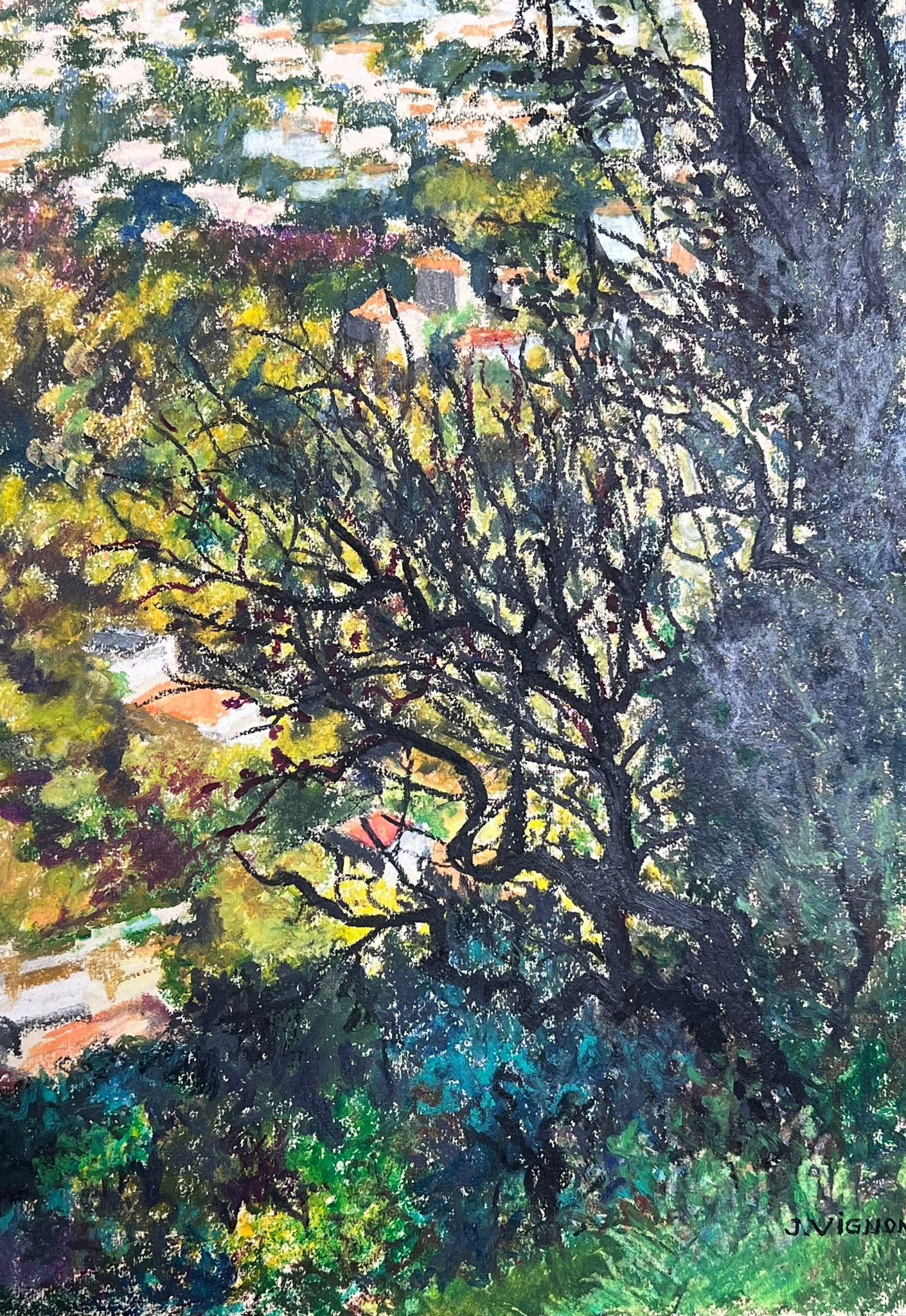 Grande dipinto a pastello impressionista francese del 20° secolo, vista sulla valle del villaggio provenzale in vendita 1
