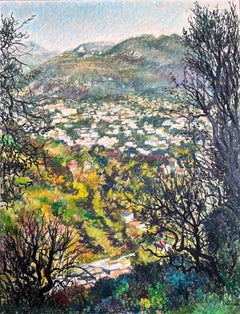 Grande peinture impressionniste française au pastel du 20e siècle Vue du village de la vallée de Provence