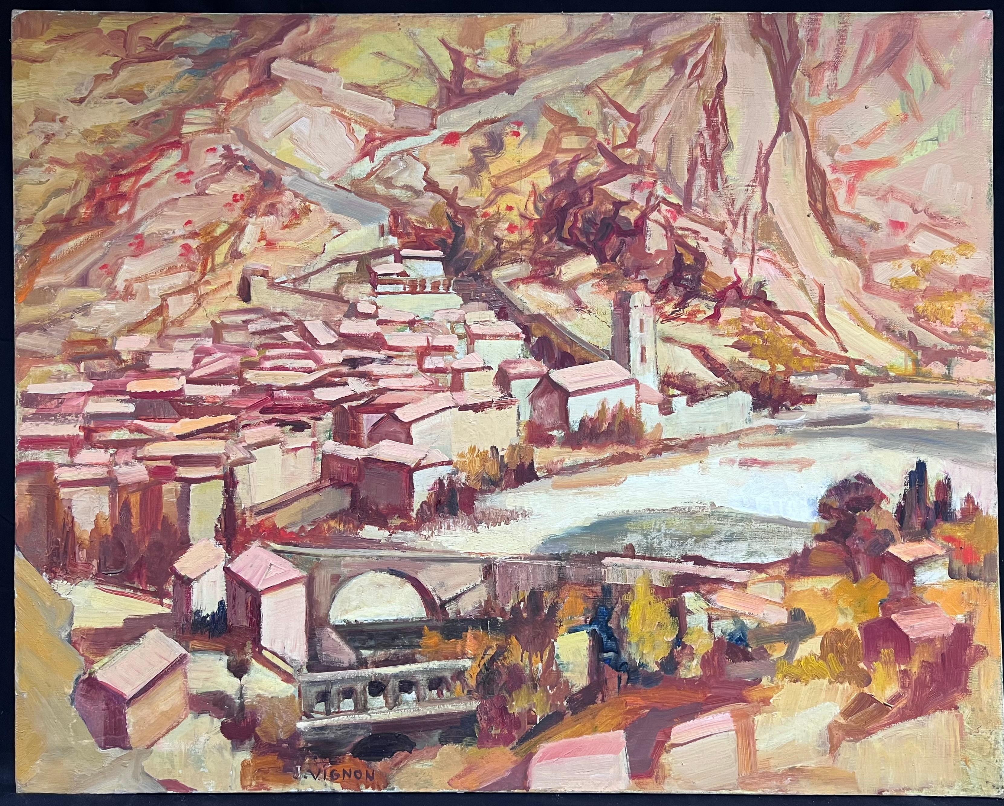 Grande olio post-impressionista della metà del 20° secolo su un villaggio collinare mediterraneo - Painting di Josine Vignon