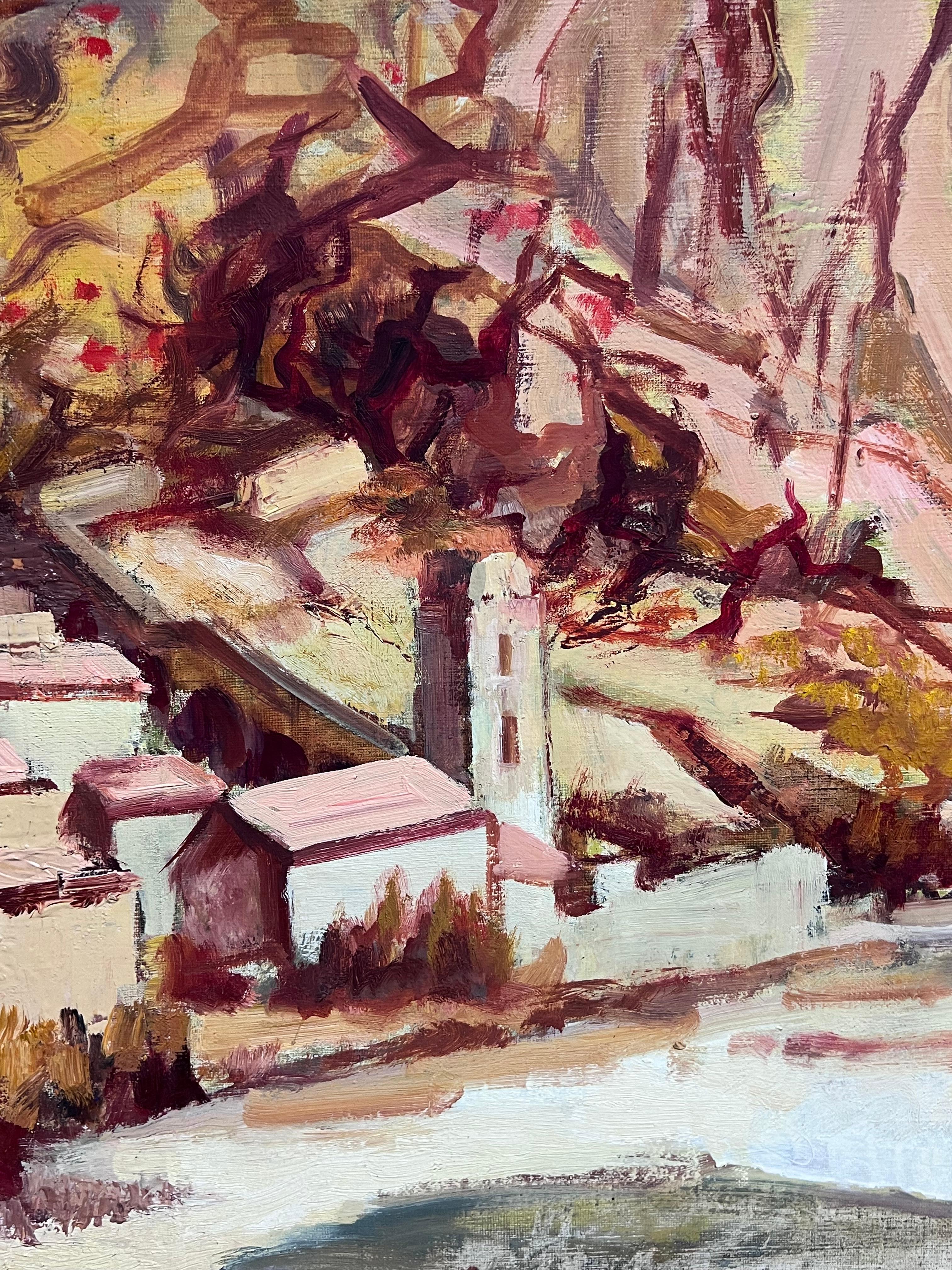 Grande olio post-impressionista della metà del 20° secolo su un villaggio collinare mediterraneo - Painting Postimpressionismo di Josine Vignon