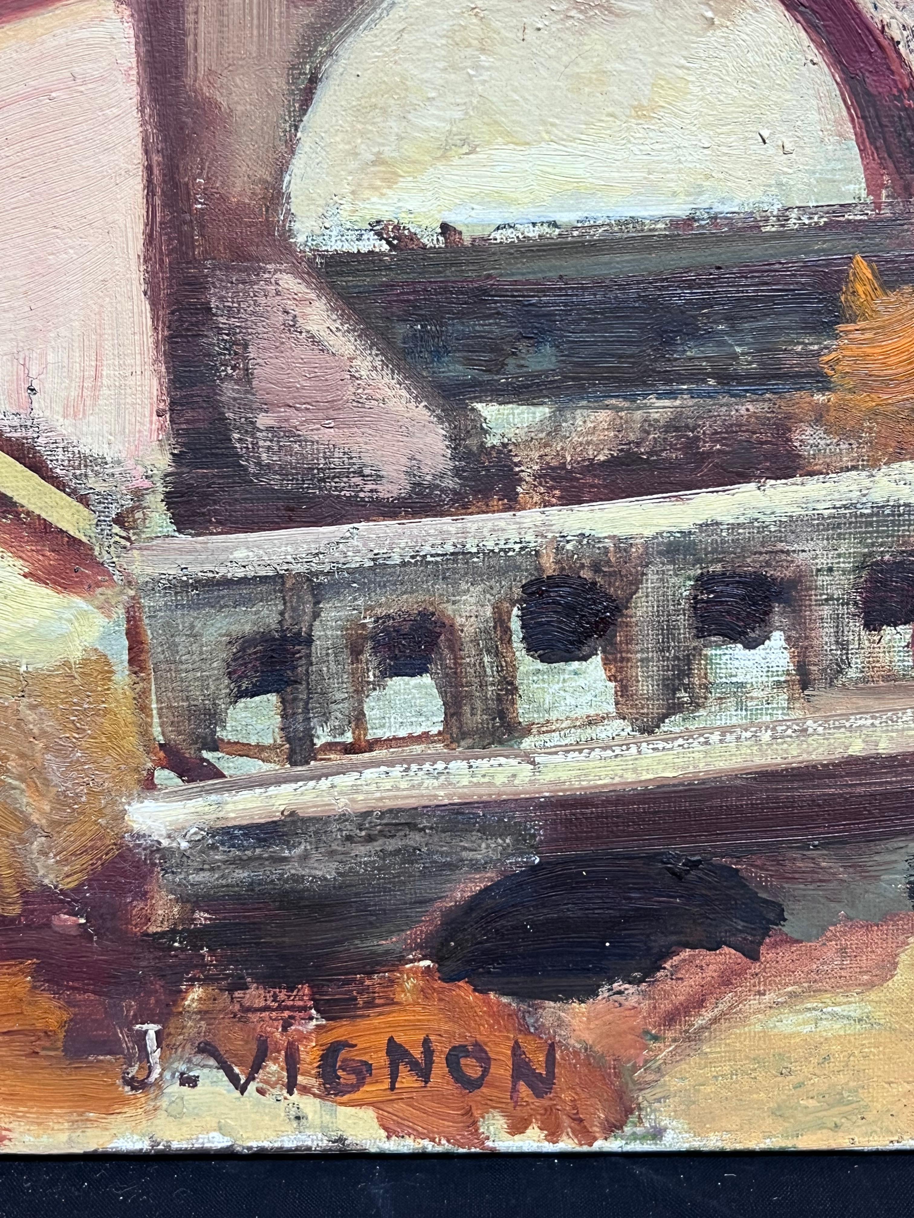 Grande olio post-impressionista della metà del 20° secolo su un villaggio collinare mediterraneo - Landscape Painting Marrone di Josine Vignon