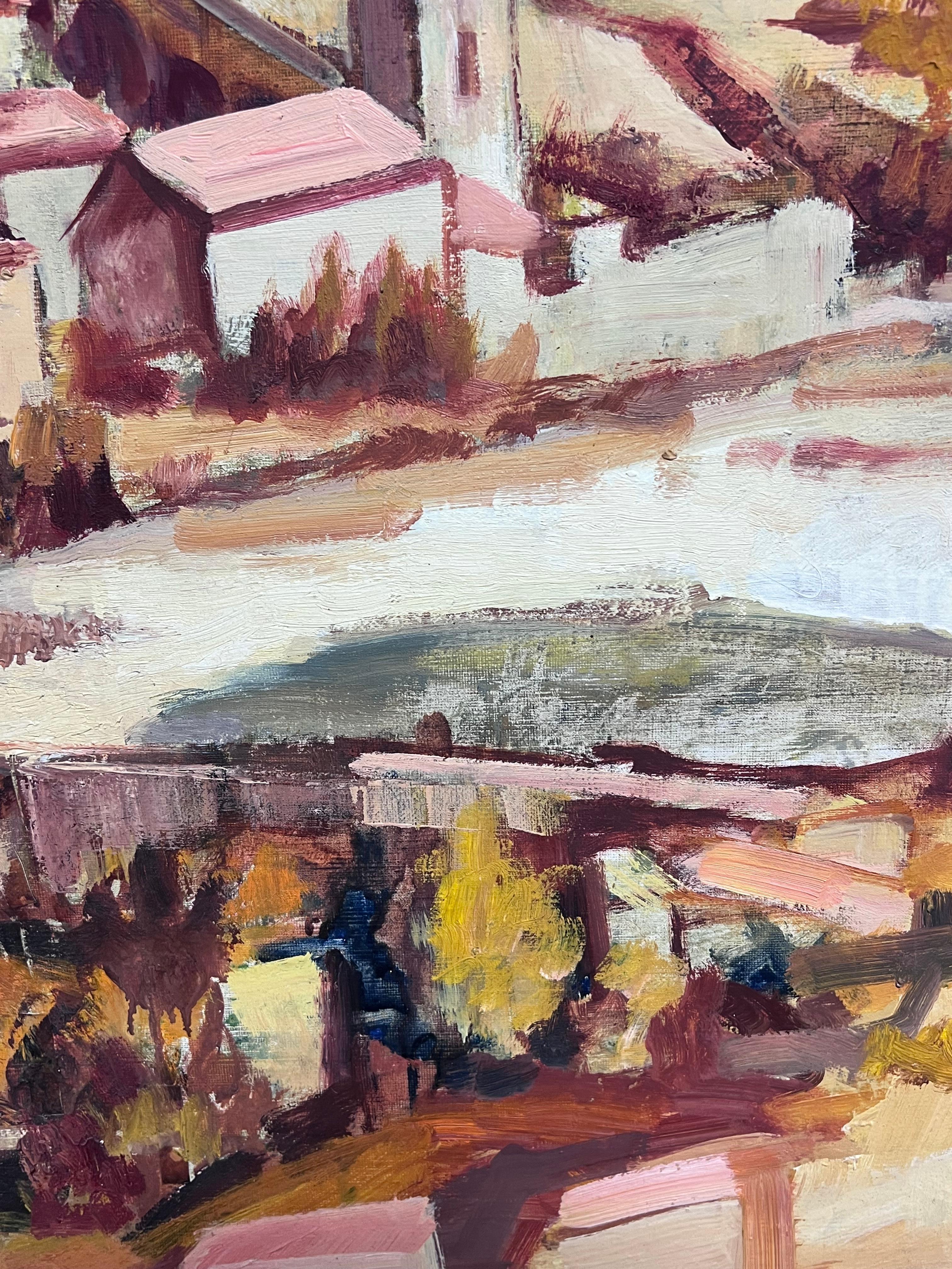 Grande olio post-impressionista della metà del 20° secolo su un villaggio collinare mediterraneo in vendita 1