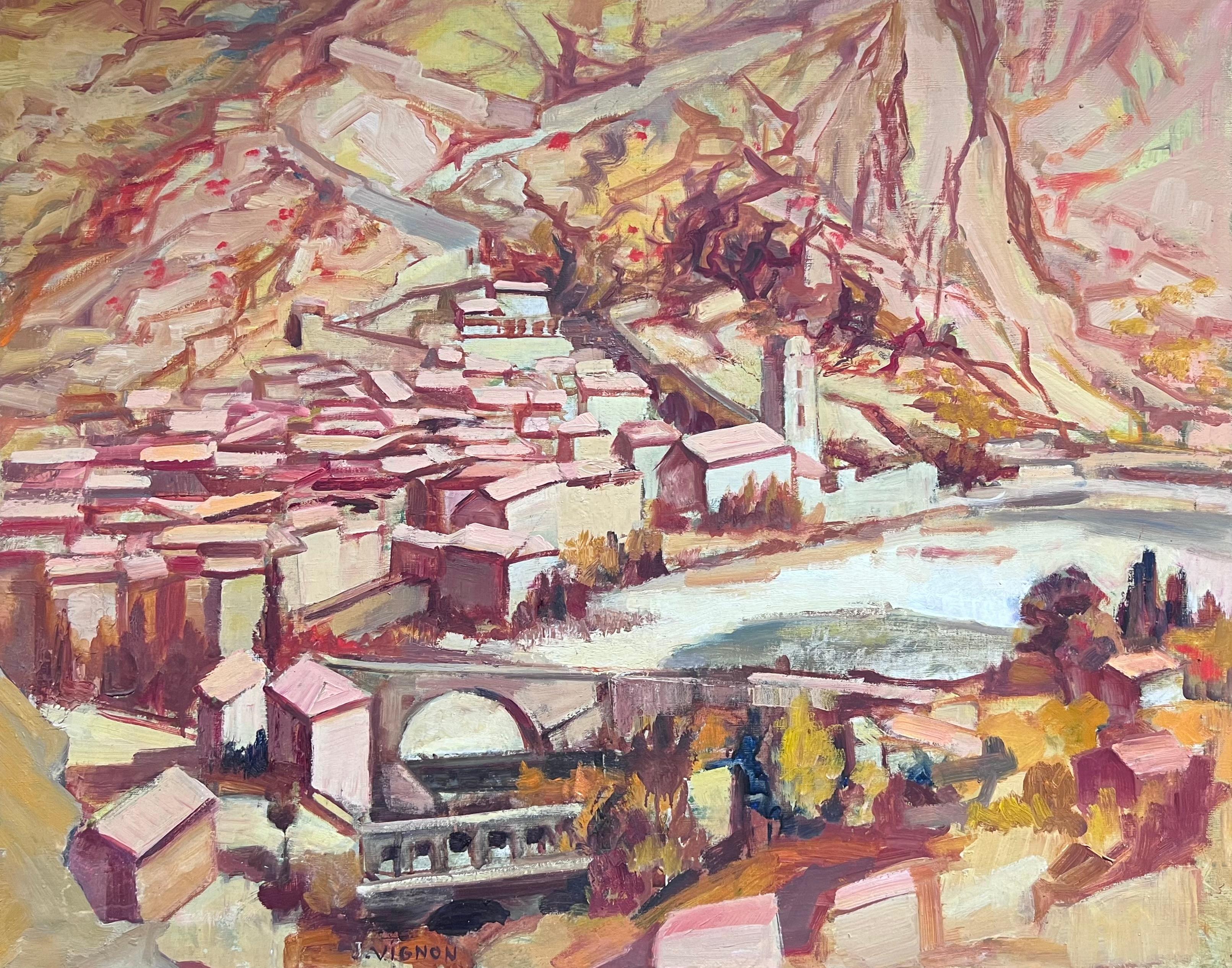 Grande olio post-impressionista della metà del 20° secolo su un villaggio collinare mediterraneo