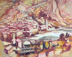 Large Mid 20th Century Post-Impressionist Oil Mediterranean Hillside Village