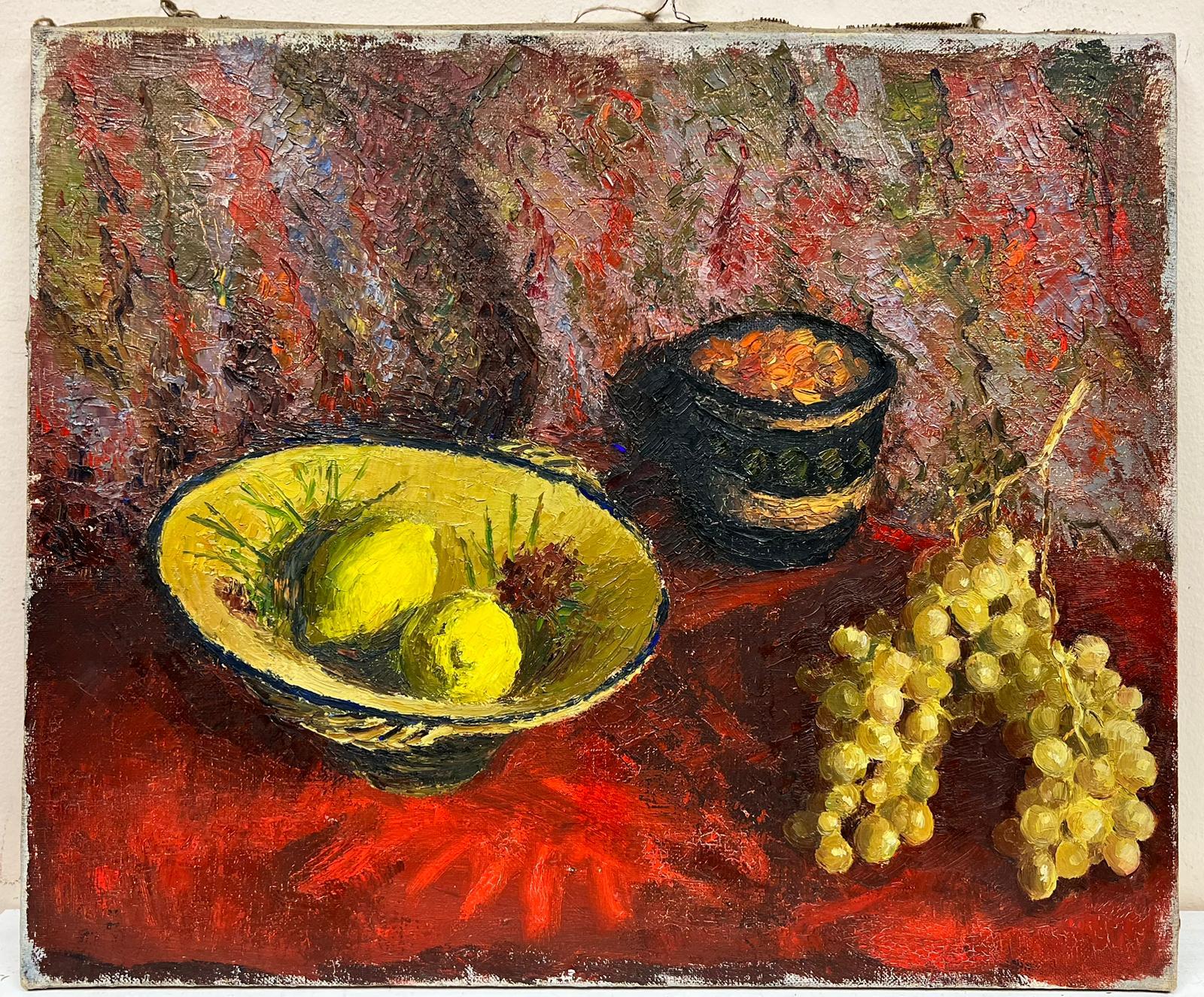 Lemons and Grapes Interior Still Life Impressionist Thick Oil Impasto - Painting by Josine Vignon