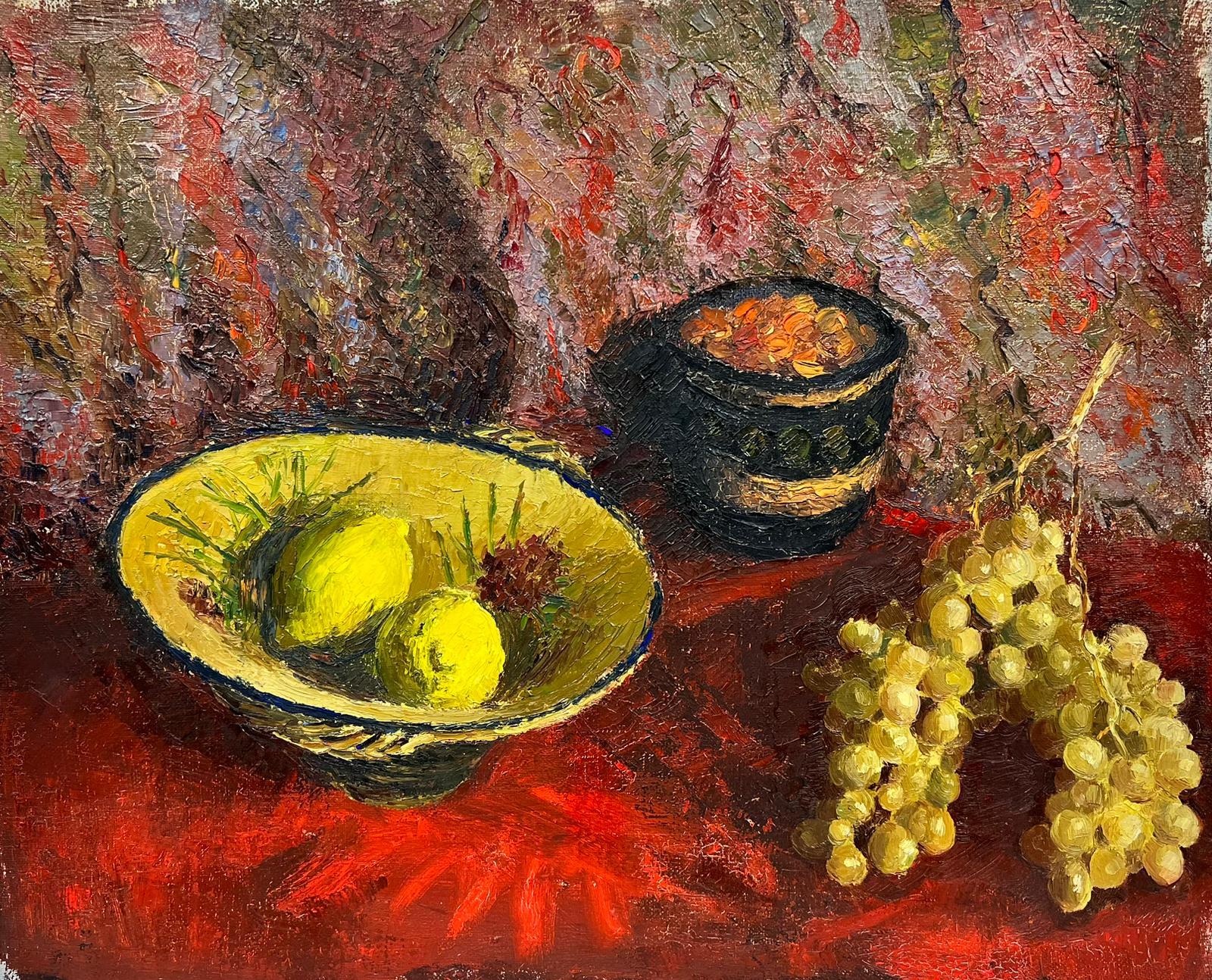 Josine Vignon Still-Life Painting - Lemons and Grapes Interior Still Life Impressionist Thick Oil Impasto