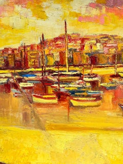 Porto di Marsiglia 1960 Olio impressionista francese Colore arancio bruciato terra di Siena ocra