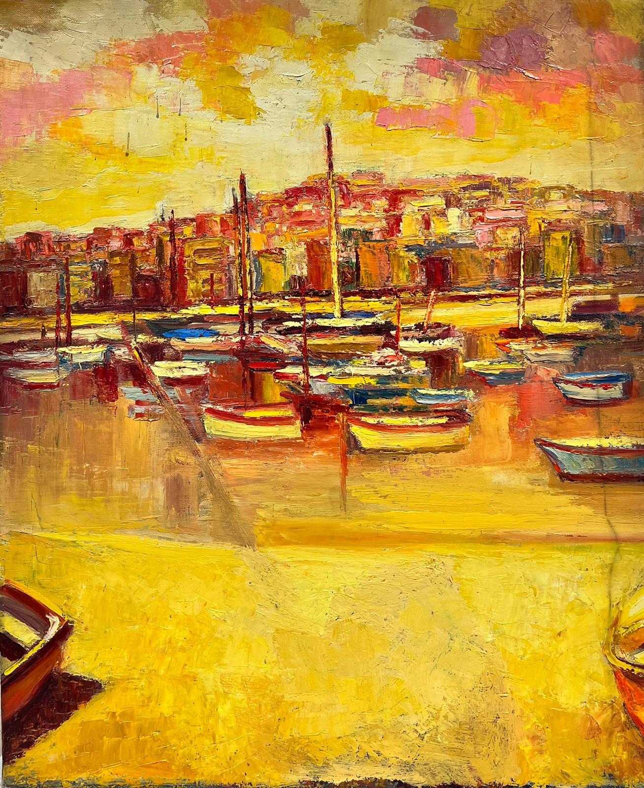 Landscape Painting de Josine Vignon - Puerto de Marsella 1960s Óleo Impresionista Francés Color Naranja Quemado Siena Ocre