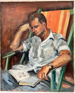Mid 20th Century French Post Impressionist Oil Painting Man Reading in Chair