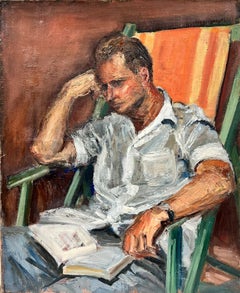 Mid 20th Century French Post Impressionist Oil Painting Man Reading in Chair
