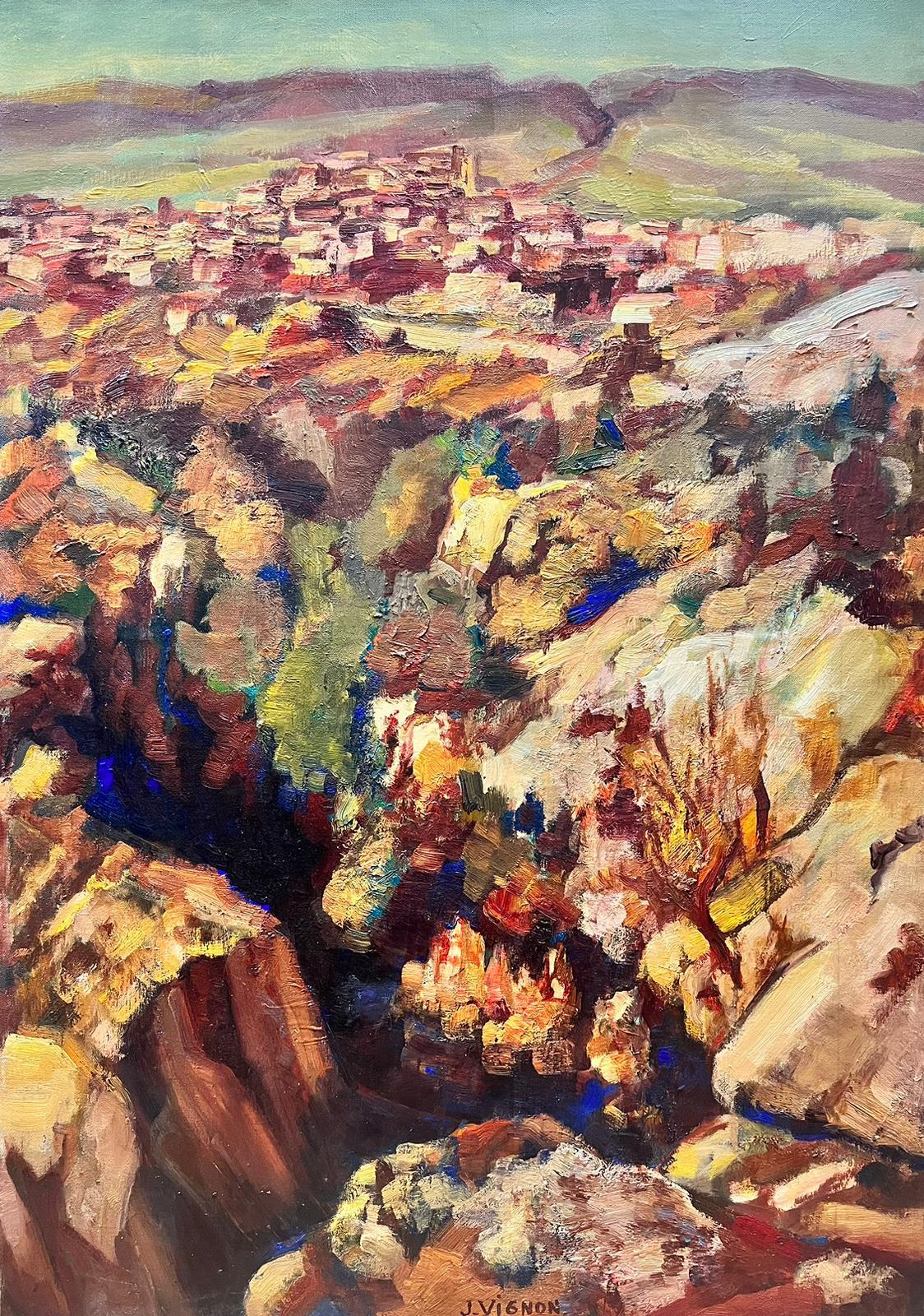 Josine Vignon Landscape Painting - Mid 20th Century Provence Village Signed French Oil Beautiful Thick Oil Paint