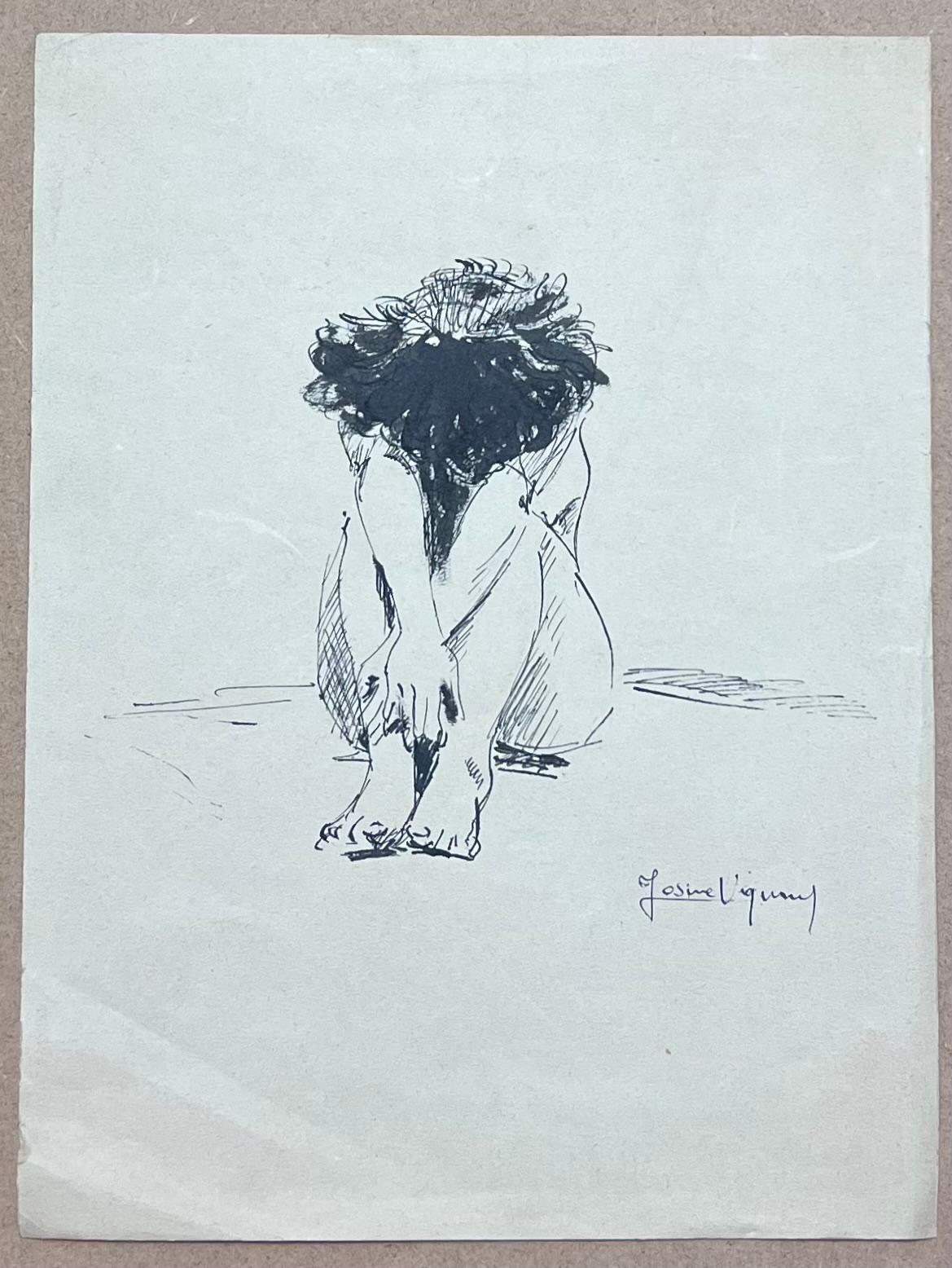 Mid Century French Black Haired Nude Figure Bowed Into Her Knees - Painting by Josine Vignon