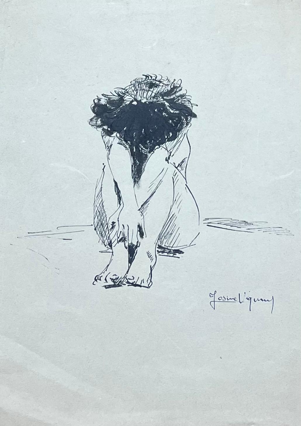 Mid Century French Black Haired Nude Figure Bowed Into Her Knees - Post-Impressionist Painting by Josine Vignon