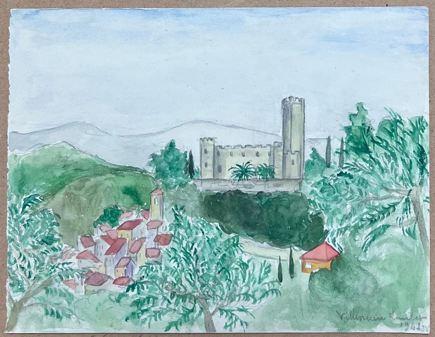 Castillo francés de mediados de siglo con vistas al pueblo de Green Forest Pintura a la acuarela - Painting de Josine Vignon