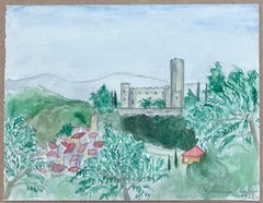 Mid Century French Castle Overlooking Green Forest Village Watercolour Painting