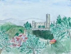 Castillo francés de mediados de siglo con vistas al pueblo de Green Forest Pintura a la acuarela
