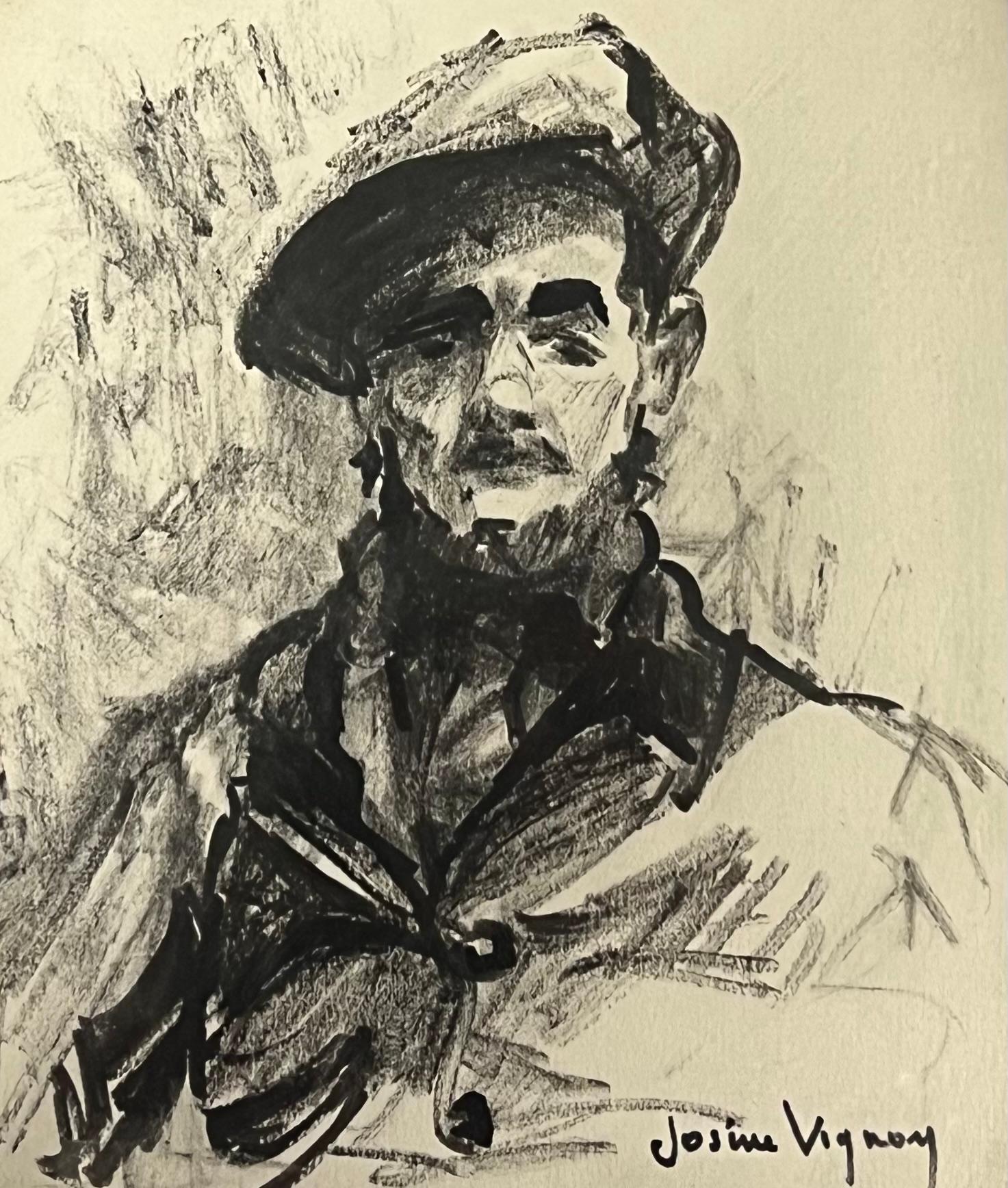 Dibujo a carboncillo francés de mediados de siglo Retrato de hombre con boina - Painting de Josine Vignon