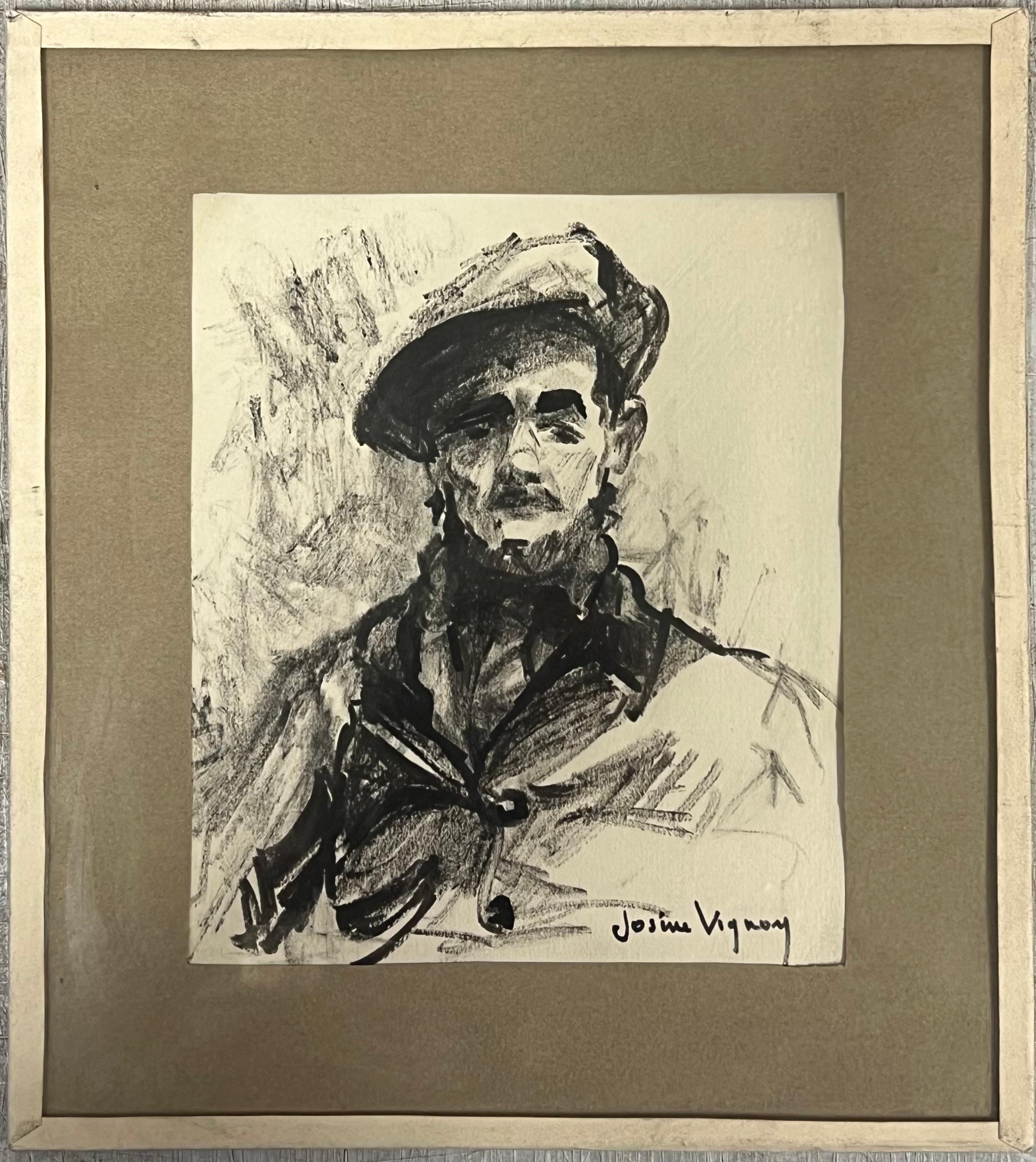 Figurative Painting de Josine Vignon - Dibujo a carboncillo francés de mediados de siglo Retrato de hombre con boina