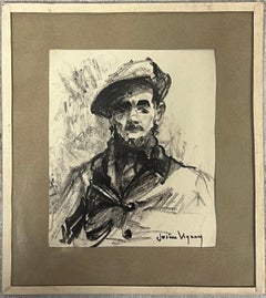 Mid Century French Charcoal Portrait of a Man in a Beret Drawing