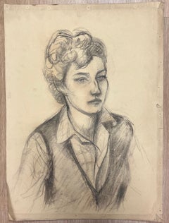 Mid Century French Charcoal Portrait of a Thoughtful Woman