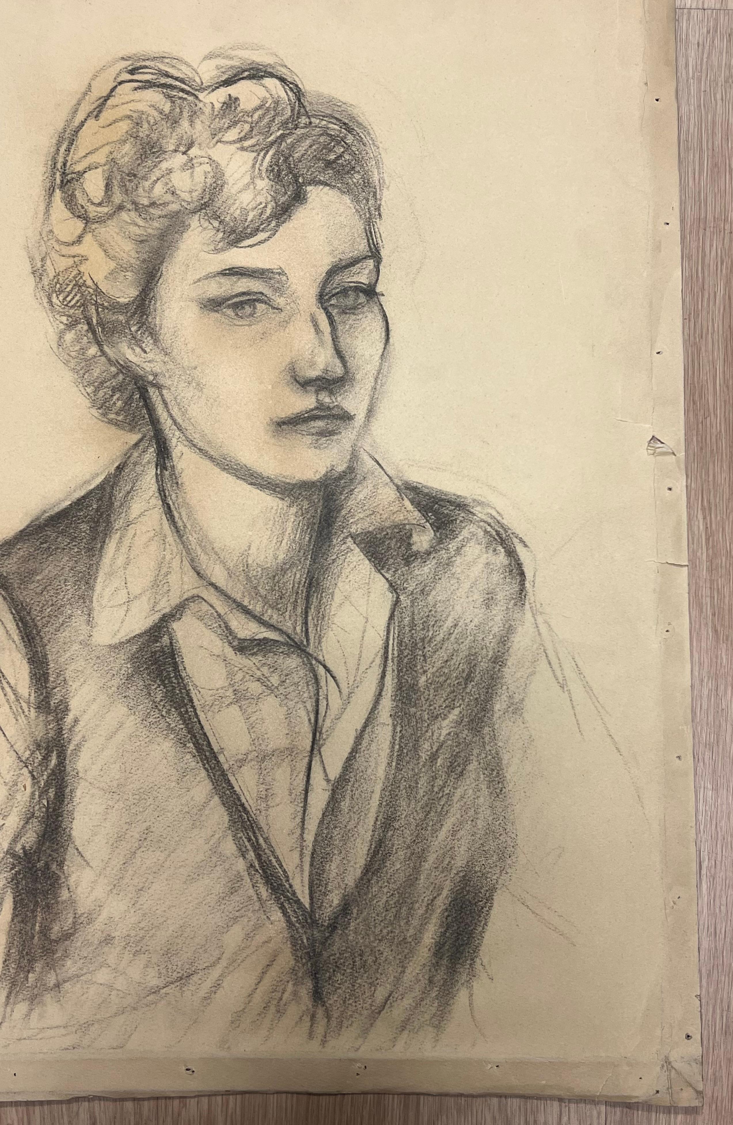 Ritratto a carboncino di una donna pensierosa della metà del secolo scorso - Art Postimpressionismo di Josine Vignon