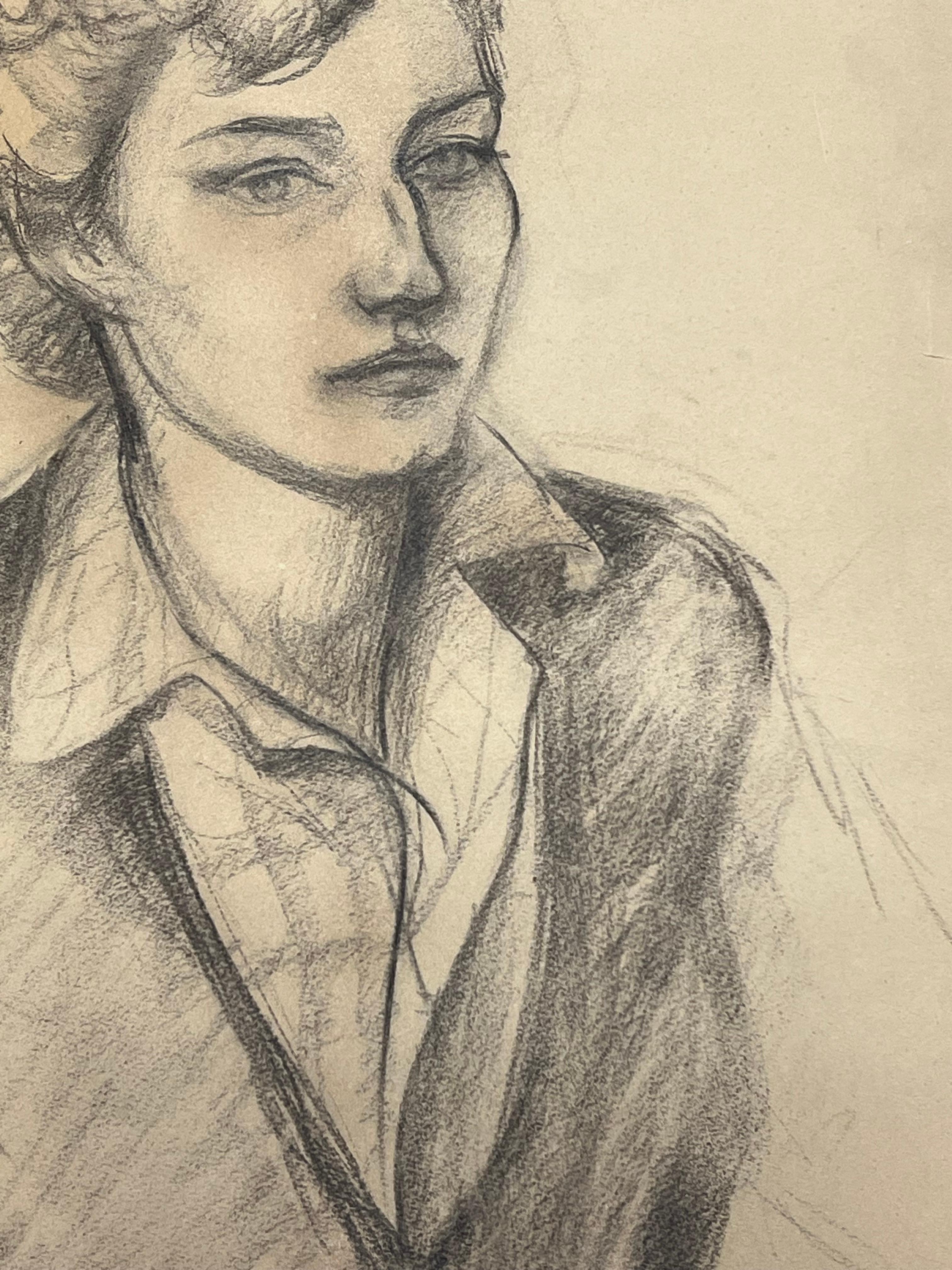 Titolo: Ritratto francese di metà secolo

Artista: Josine Vignon (francese, 1922-2022)

Mezzo di comunicazione: Matita/carboncino su carta per artisti, fronte/retro 

Dimensioni: 26 (altezza) x 19 (larghezza)

Timbrato: Verso

Condizioni: