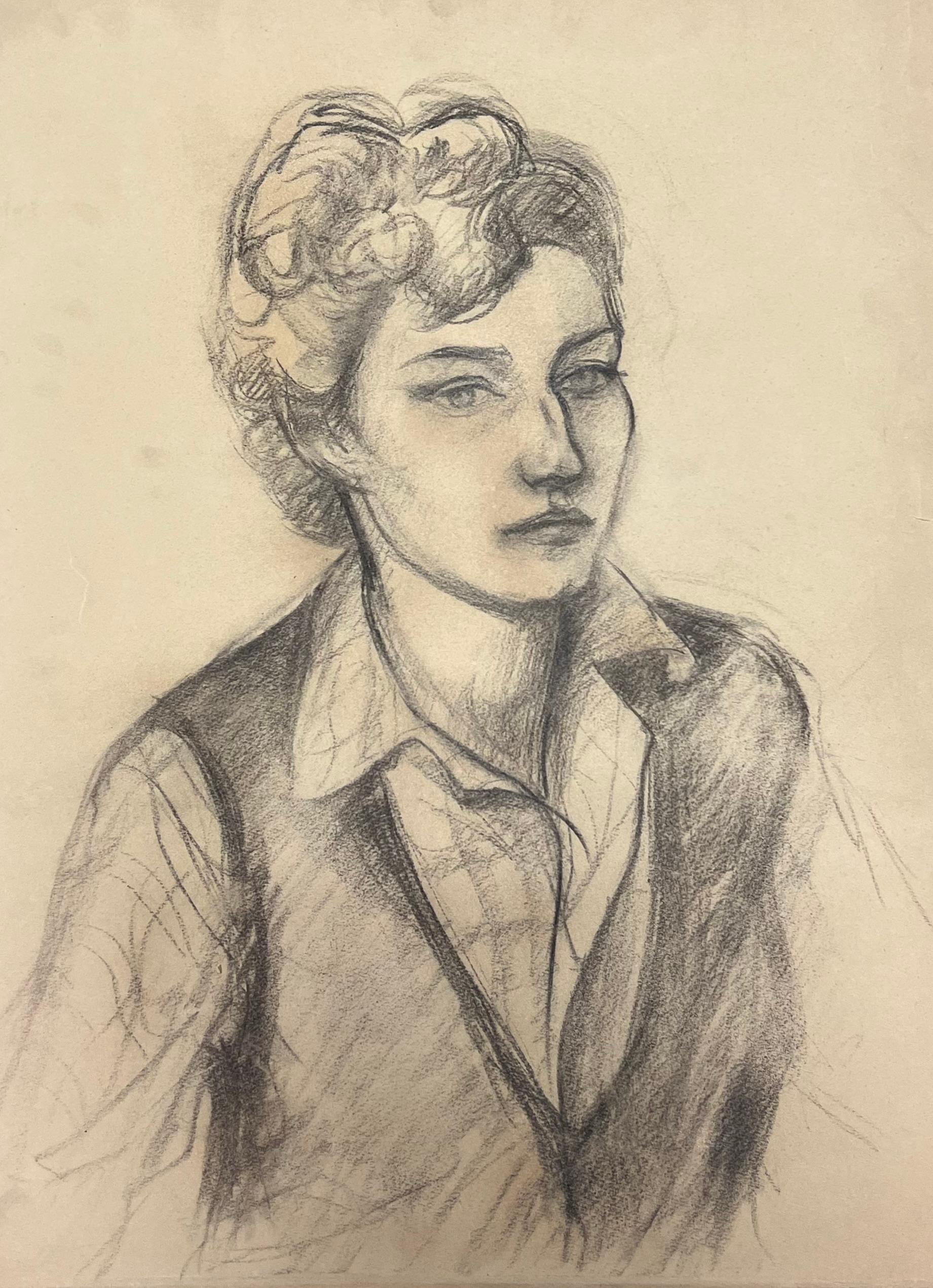 Figurative Art di Josine Vignon - Ritratto a carboncino di una donna pensierosa della metà del secolo scorso