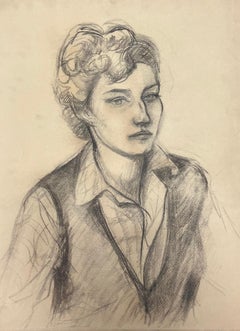 Mid Century French Charcoal Portrait of a Thoughtful Woman