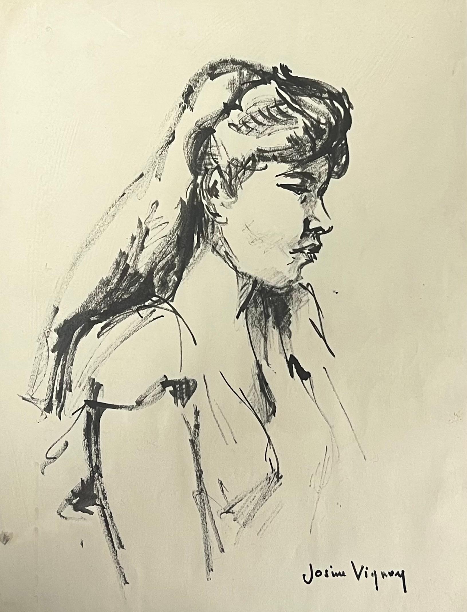 Französisches Kohleporträt einer Frau in Profil aus der Mitte des Jahrhunderts – Art von Josine Vignon