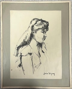 Retrato de mujer de perfil a carboncillo francés de mediados de siglo