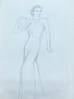 Esbozo de Lápiz de Dama Posada con Vestido de Cuello Halter Chic Francés de Mediados de Siglo