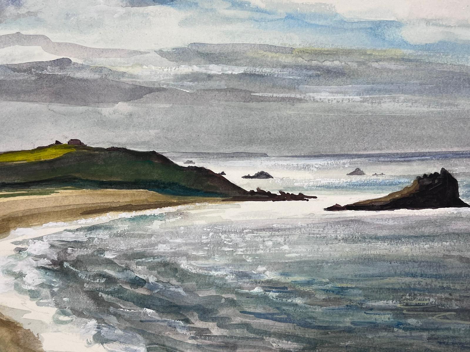 Mid Century French Coastal Grey Sea and Blue Sky Landscape La Guimorais - Impressionist Art by Josine Vignon