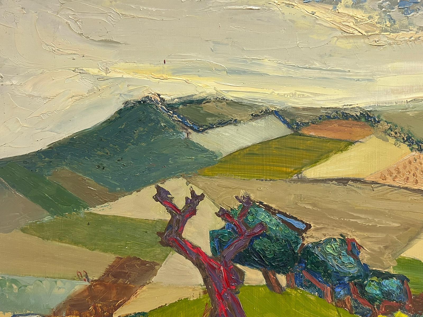 Pintura al Óleo Cubista Expresionista Francesa de Mediados de Siglo Paisaje Rural de Campos - Painting de Josine Vignon