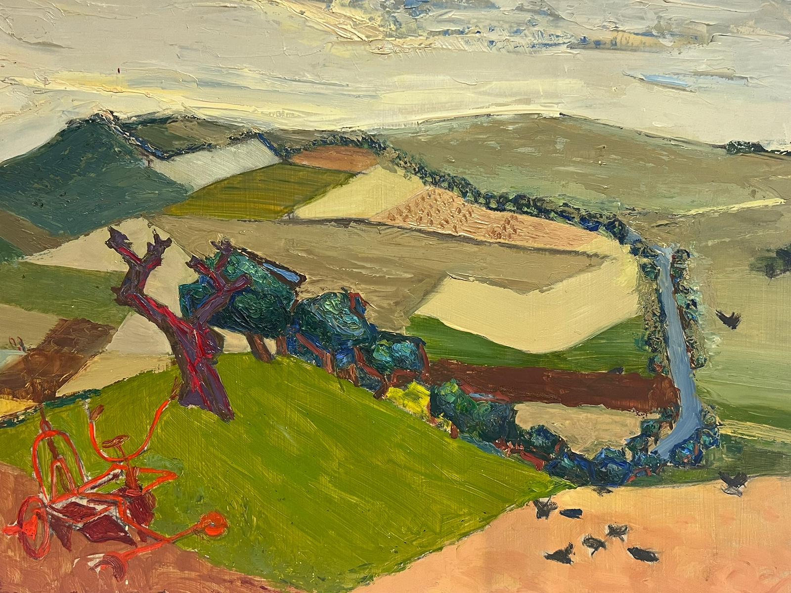 Pintura al Óleo Cubista Expresionista Francesa de Mediados de Siglo Paisaje Rural de Campos - Painting Posimpresionista de Josine Vignon