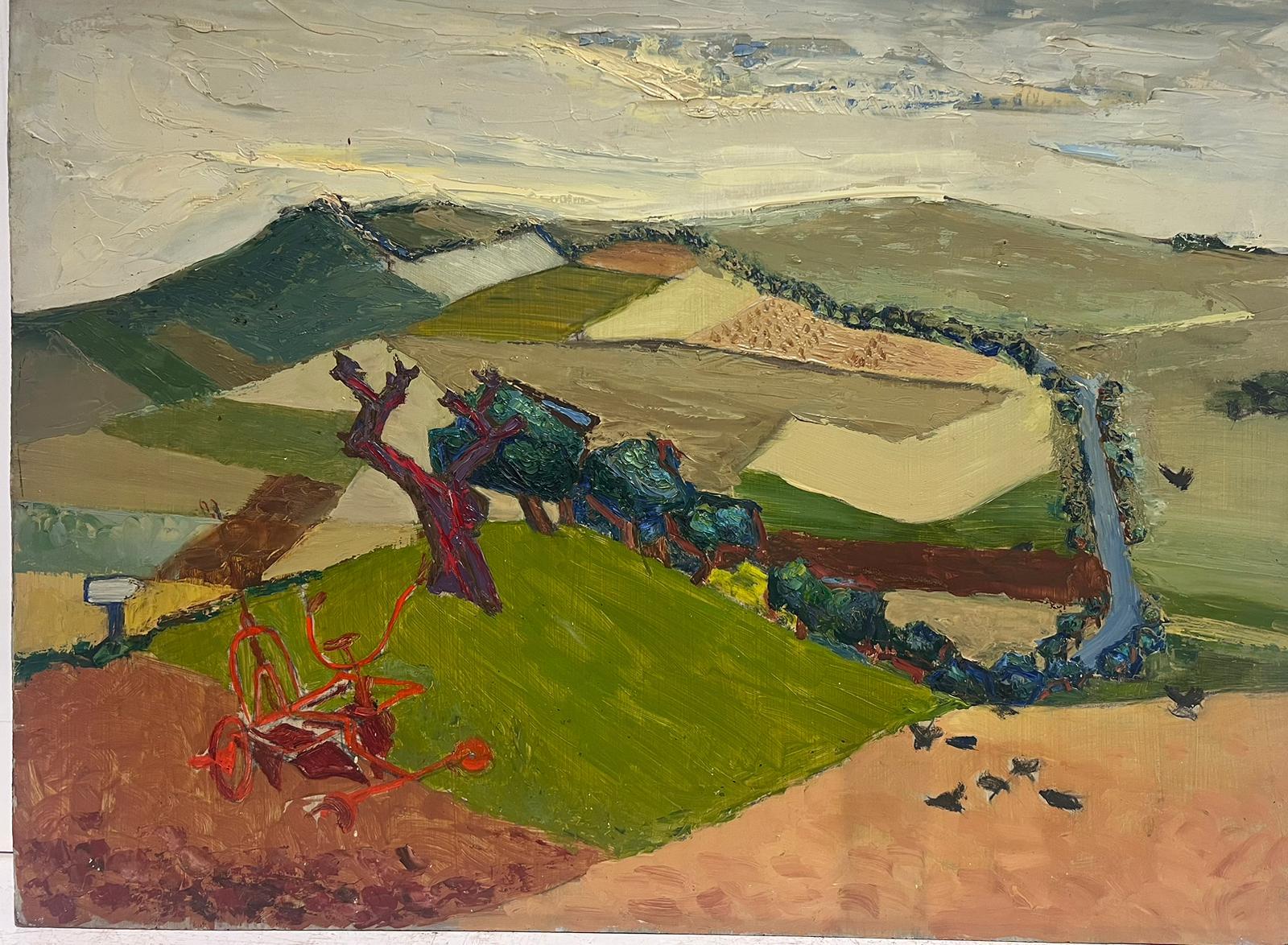 Pintura al Óleo Cubista Expresionista Francesa de Mediados de Siglo Paisaje Rural de Campos - Landscape Painting Marrón de Josine Vignon