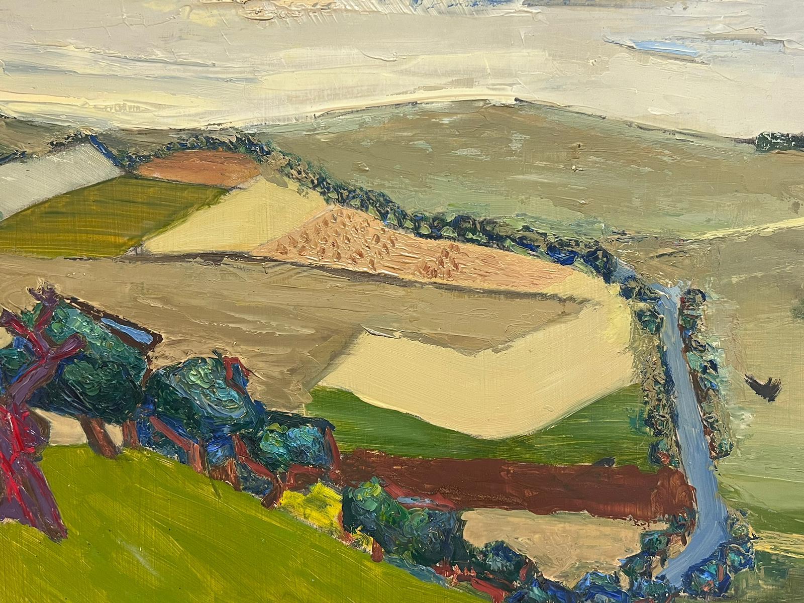 El campo de labranza
de Josine Vignon (francesa 1922-2022)
verso estampado
óleo sobre tabla, sin enmarcar
tablero: 21 x 29 pulgadas
muy buen estado 
Procedencia: del patrimonio del artista, Francia

Josine Vignon (1922-2022) fue una artista francesa