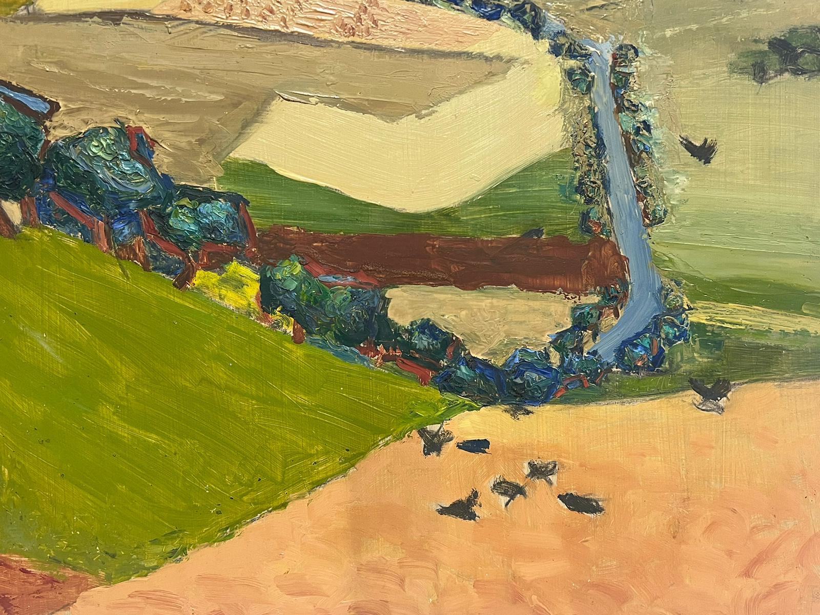 Pintura al Óleo Cubista Expresionista Francesa de Mediados de Siglo Paisaje Rural de Campos en venta 1