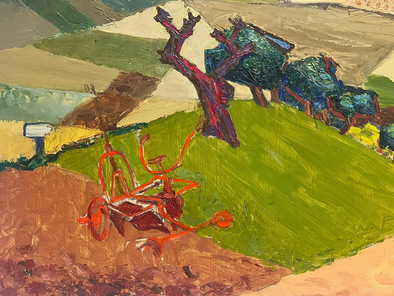 Pintura al Óleo Cubista Expresionista Francesa de Mediados de Siglo Paisaje Rural de Campos en venta 2
