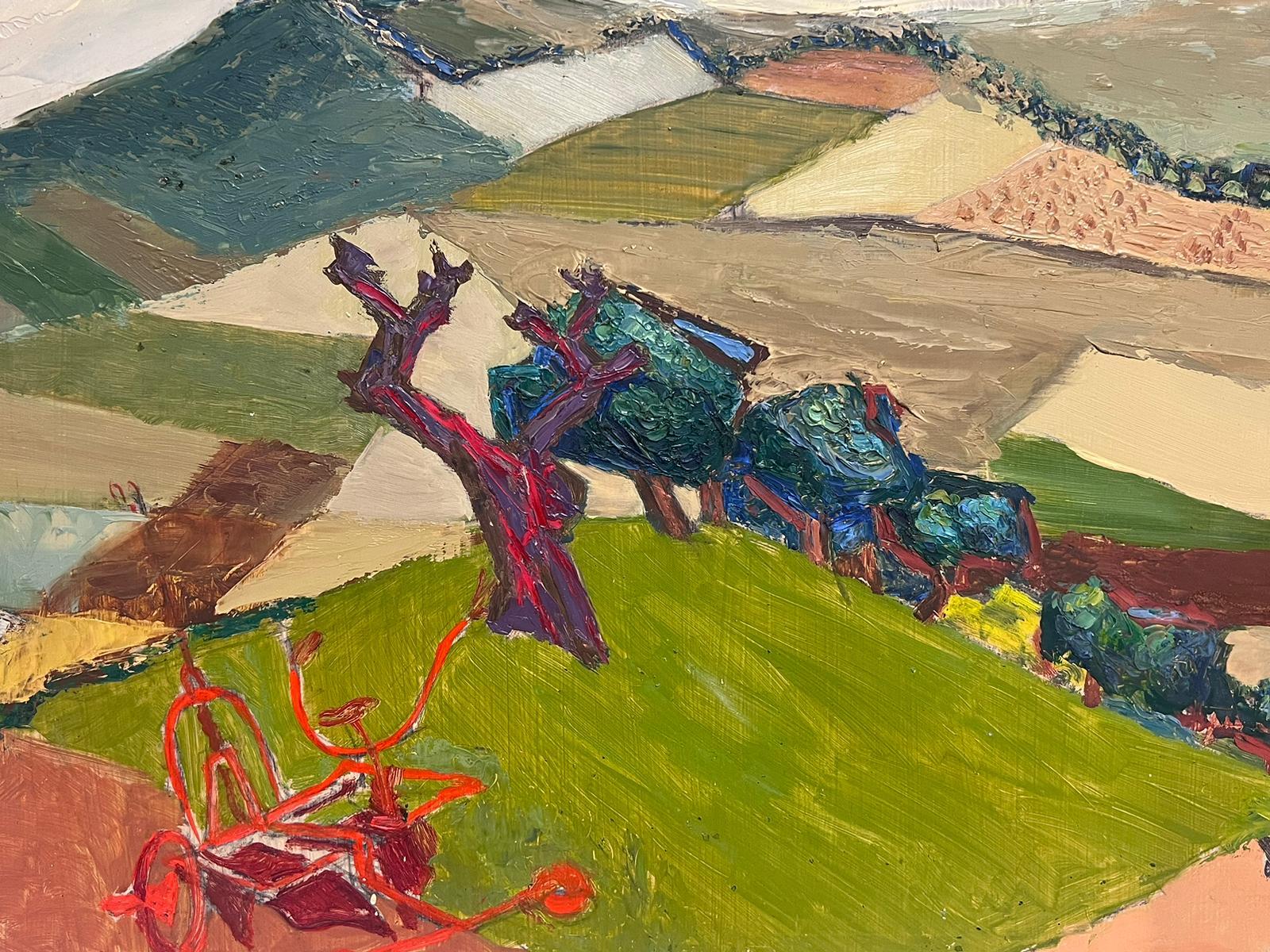Pintura al Óleo Cubista Expresionista Francesa de Mediados de Siglo Paisaje Rural de Campos en venta 3