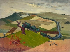 Pintura al Óleo Cubista Expresionista Francesa de Mediados de Siglo Paisaje Rural de Campos
