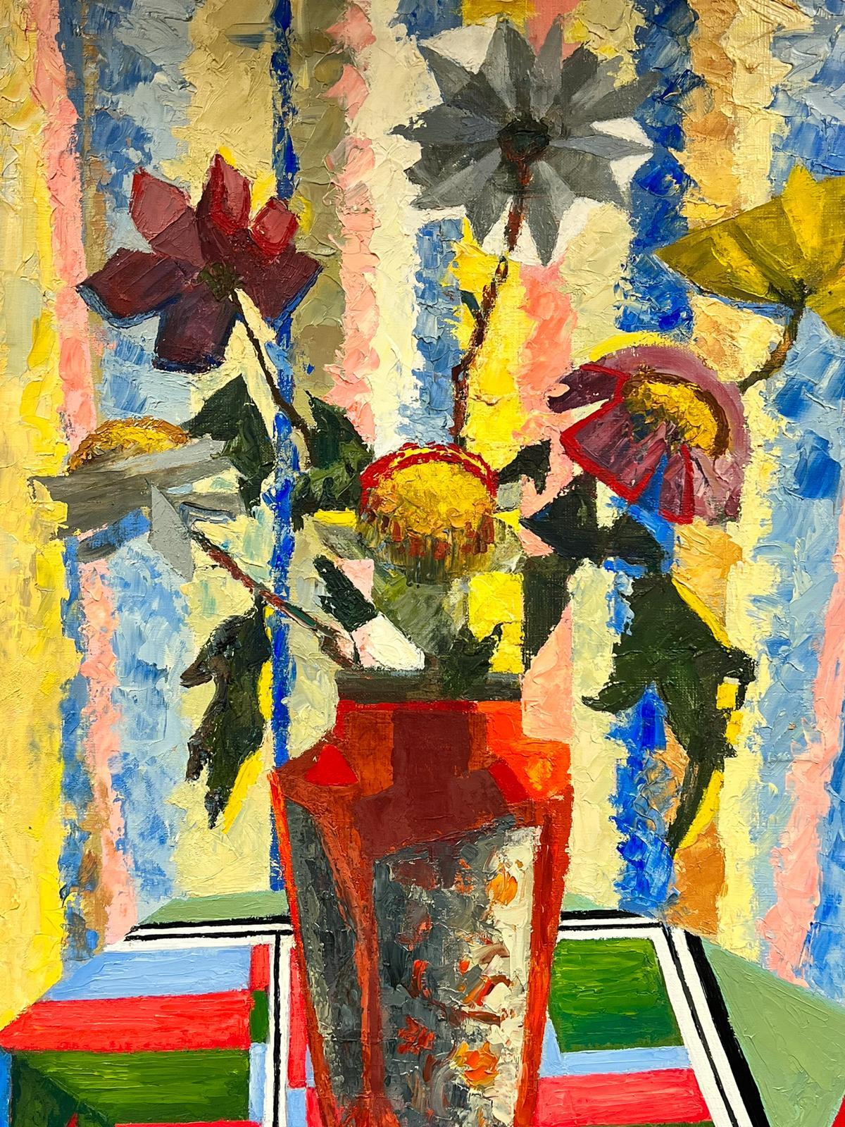 Französisches kubistisches signiertes Ölgemälde Stillleben mit Blumen in Vase, Mitte des Jahrhunderts im Angebot 6