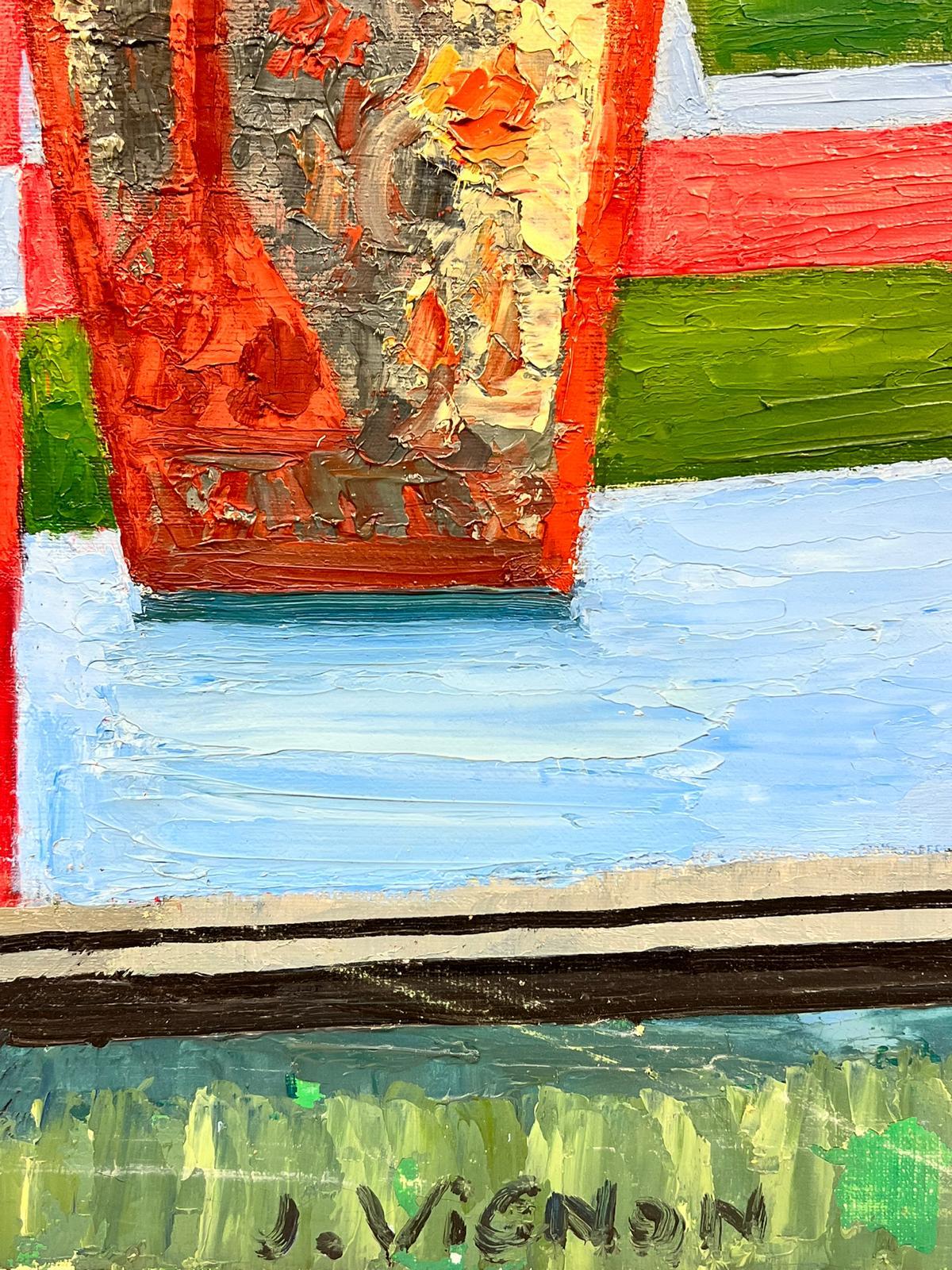 Französisches kubistisches signiertes Ölgemälde Stillleben mit Blumen in Vase, Mitte des Jahrhunderts (Post-Impressionismus), Painting, von Josine Vignon
