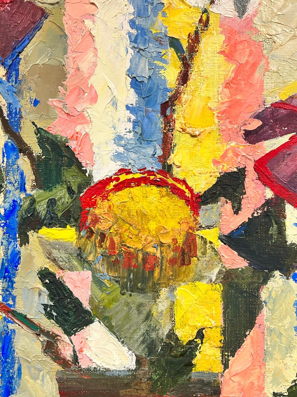 Französisches kubistisches signiertes Ölgemälde Stillleben mit Blumen in Vase, Mitte des Jahrhunderts im Angebot 1