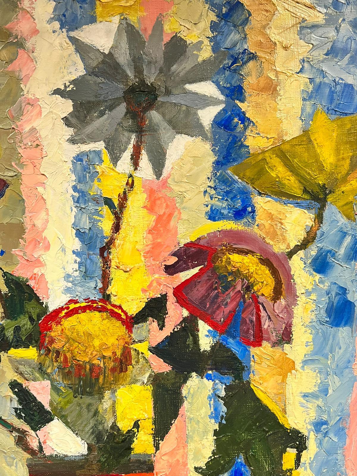 Französisches kubistisches signiertes Ölgemälde Stillleben mit Blumen in Vase, Mitte des Jahrhunderts im Angebot 3