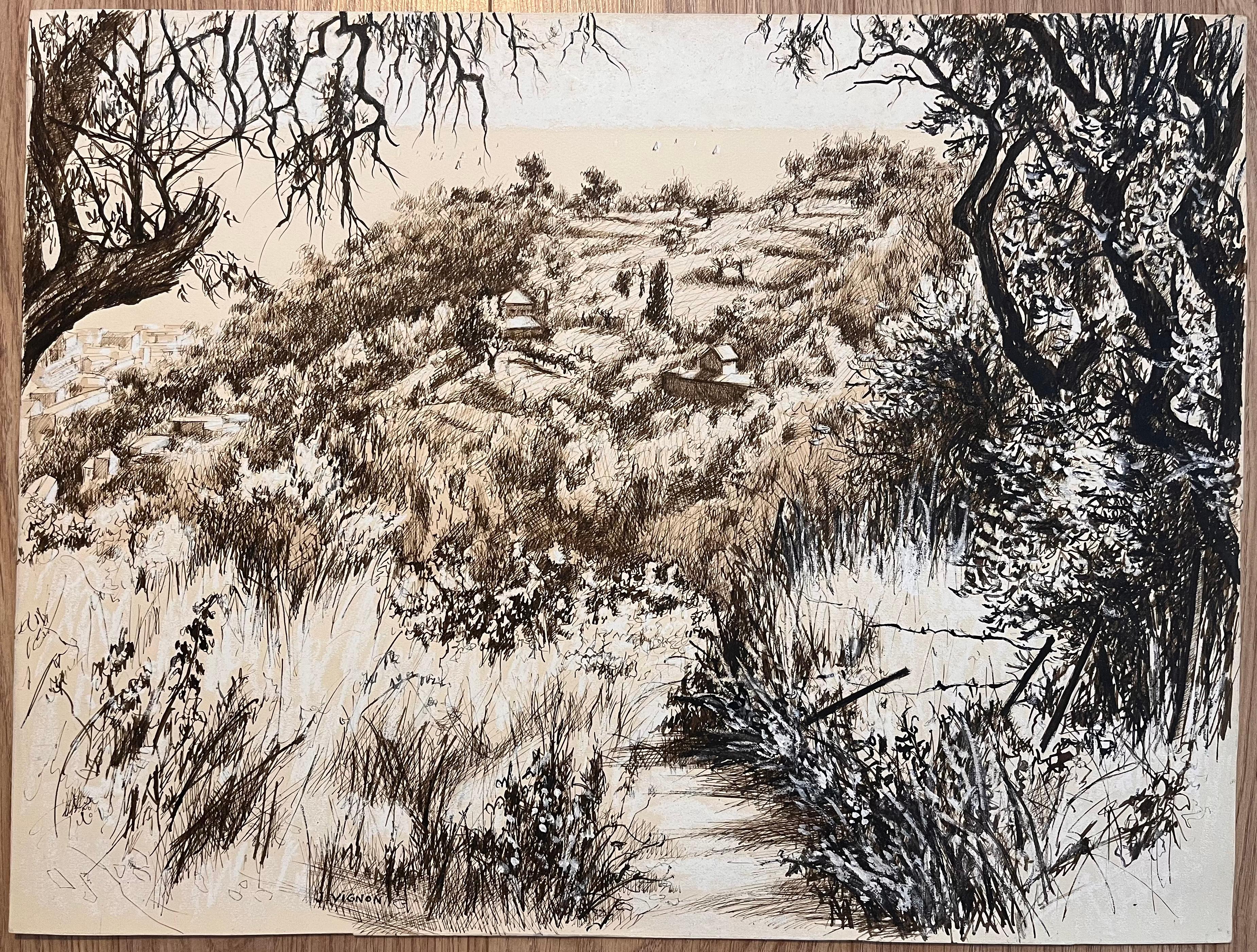 Französische Zeichnung von Hillside-Landschaft mit Bäumen und Distanzhäusern, Mitte des Jahrhunderts – Painting von Josine Vignon